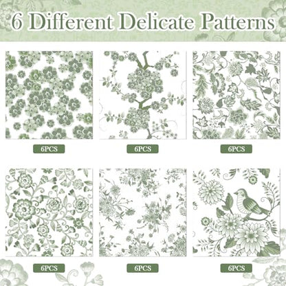 36 Pack 6 Style Sage Green Decoupage Chinoiserie Napkins (36 Count)