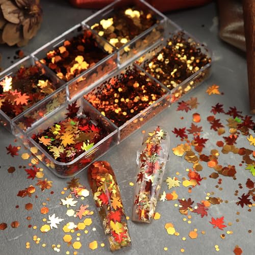 Thanksgiving Glitter Maple Leaf Nail Sequins Fall Nail Flakes Design Nail Charms Holographic Mixed Color 3D Confetti Autumn Nail Art Stickers Maple Leaves Nail Glitter Sequins for Women (2 Ounce)
