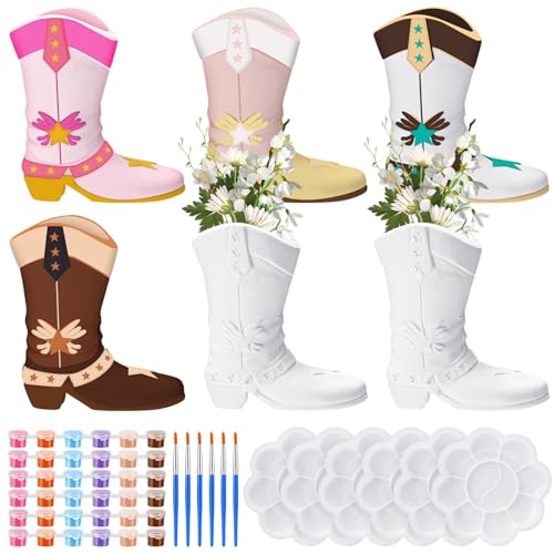 6 Set Cowboy Boot Vase Ceramics to Paint Ready to Paint Your Own Ceramic Cowgirl Hat Vase DIY Unpainted Plaster Paintable Kit Crafts with Brush Palette for Adults (6 Count)