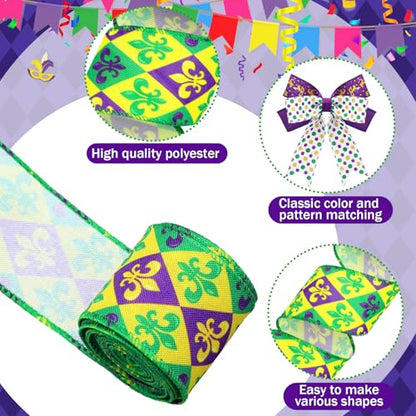 12 Rolls Mardi Gras Wired Edge Ribbon for Wreaths 2 Inch x 60 Yards Purple Green Yellow Stripe Print Grosgrain Ribbon for Mardi Gras Party Decorative Supplies (12 Count)