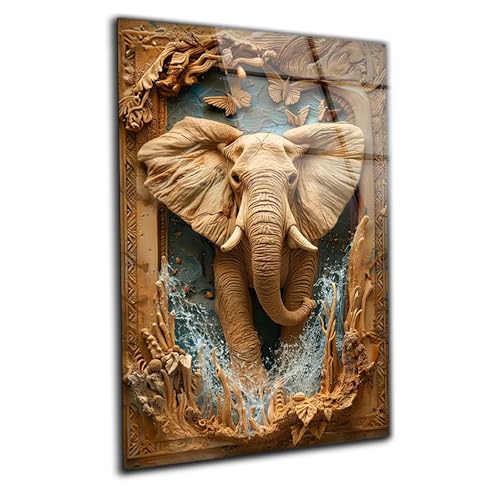 Rustic Elephant Printed Tempered Glass Wall Art Painting for Living Room