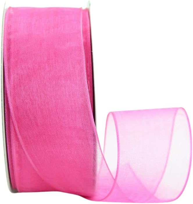 Ribbon Bazaar Sheer Organza Wired Ribbon - 100% Polyester Wire Edged Ribbon for Floral Decor, Table Arrangements, Apparel Embellishment & More - 1-1/2" Shocking Pink 25yd - Crafty Corner