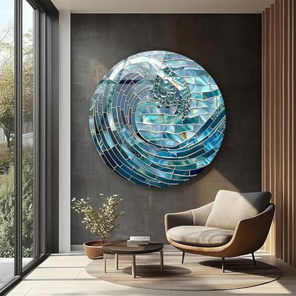 27.5''(70cm) Diameter Ocean Wave in Blue Mosaic Round Glass Wall Art Tempered Glass Printing Wall Decor Large Wall Art Wall Hangings