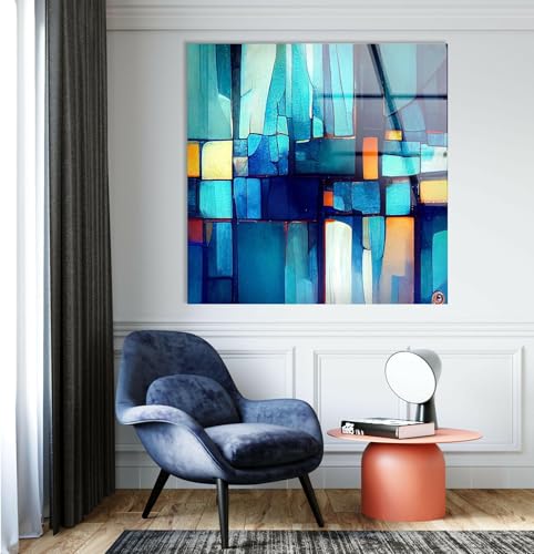 28Wx18H'' Blue Vibrant Stained Glass Wall ArtTempered Glass Printing Wall Decor Large Wall Art Wall Hangings