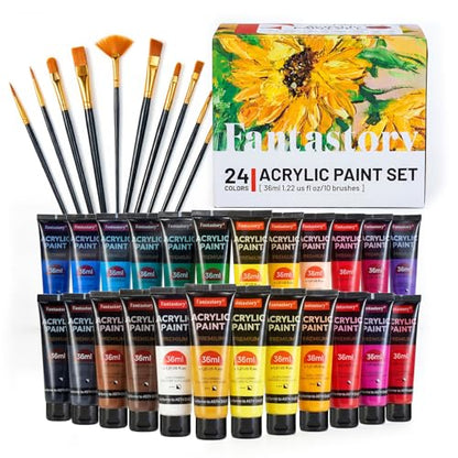36ml 24 Colors Acrylic Paint Set with 10 Brushes (29.2153 Fl Oz)