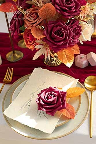 Artificial Flowers 16pcs 3.5" Real Looking Burgundy Foam Fake Hybrid Tea Roses with Stems for DIY Red Wedding Bouquets Bridal Shower Centerpieces Floral Arrangements Party Tables Decoration (24 Count)