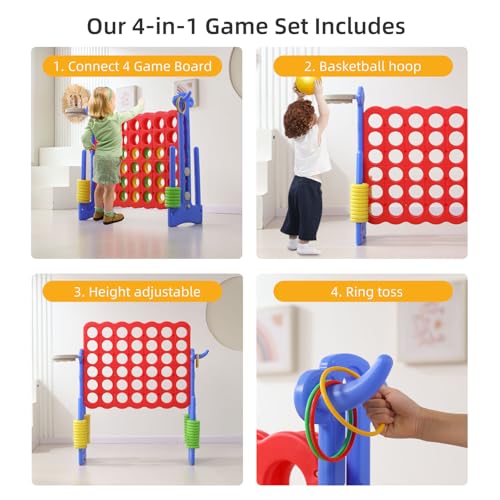 Jumbo 4-in-a-Row Game Set, Height Adjustable Indoor Outdoor Yard Game with Basketball Hoop, Ring Toss & Carrying Bag, Family Party Lawn Game for Kids and Adults
