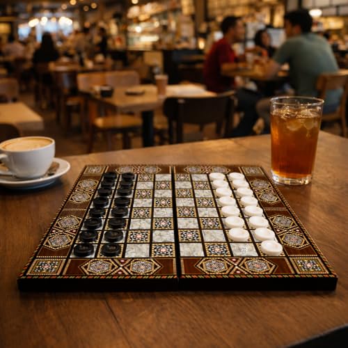 Park&Oz Pearl Premium Turkish Backgammon and Checkers Set 19 Inch Handmade 2 in 1 Wooden Board Game with Glossy Finish Luxury Checkers and Dice Travel Friendly and Foldable