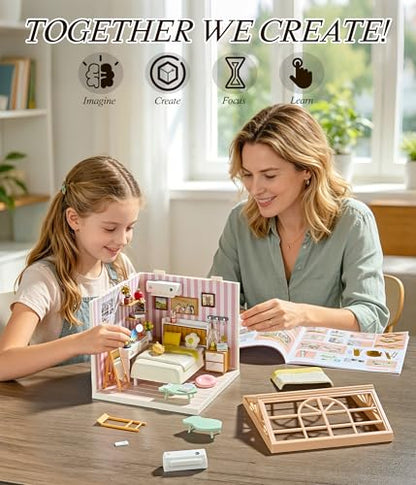 Cozy Bedroom DIY Miniature House Kit with Roof & LED Light