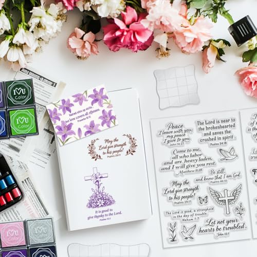 6Pcs Christian Bible Verse Clear Stamps for Card Making Easter Blessing 20 Craft Ink Pad 3 Acrylic Stamp Block Silicone Stamp with Greeting Words Rubber Stamps for Crafting DIY Scrapbooking (29 Count)