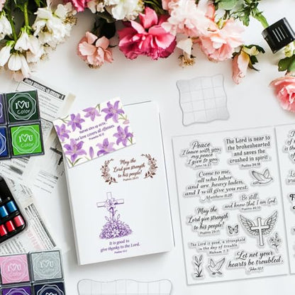 6Pcs Christian Bible Verse Clear Stamps for Card Making Easter Blessing 20 Craft Ink Pad 3 Acrylic Stamp Block Silicone Stamp with Greeting Words Rubber Stamps for Crafting DIY Scrapbooking (29 Count)