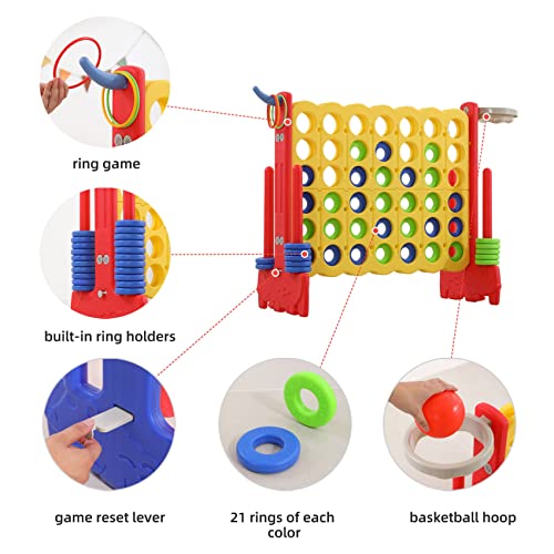 Giant 4-in-a-Row Game with Carry Bag, 3-in-1 Jumbo 4-to-Score Outdoor Yard Game with Basketball Hoop, Ring Toss, Quick-Release Slider, 42 Rings, Family Party Game for Kids & Adults