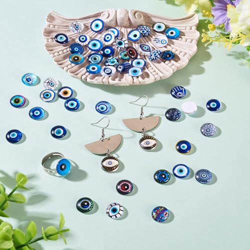100Pcs 12mm Transparent Glass Cabochons Mixed Blue Evil Eye Printed Cameo Dome Tiles Flat Back Glass Covered Dome Tiles for DIY Bracelets Necklace Scrapbooking Art Crafts