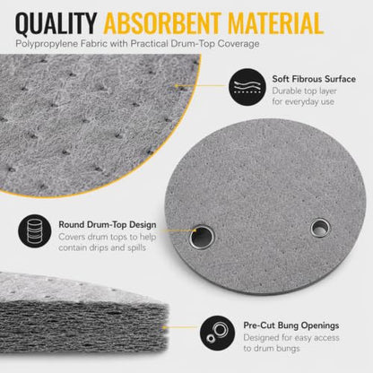 25 Pcs Drum Top Oil Absorbent Pads for 55 Gallon Drums Barrel Absorbent Pads Mat 22" Diameter Lid Oil Mat with Bungs 0.75" and 2" Diameter