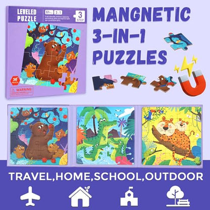 3 in 1 Toddlers Animal Magnetic Jigsaw Puzzle (3 Count)