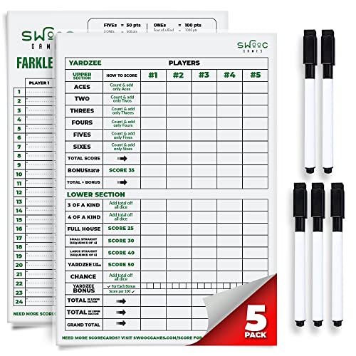 Games 5 Big Dry Erase Yardzee & Farkle Score Cards with 5 Markers