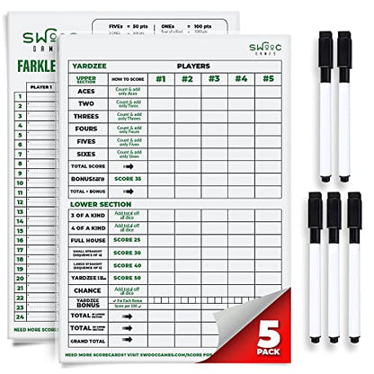 Games 5 Big Dry Erase Yardzee & Farkle Score Cards with 5 Markers
