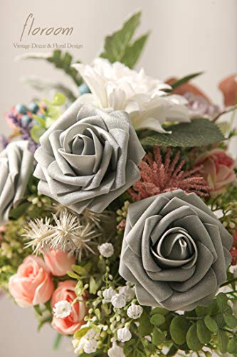 Artificial Flowers 50pcs Real Looking Shimmer Silver Grey Foam Fake Roses with Stems for DIY Christmas Tree Xmas Wedding Bouquets Party Tables Centerpieces Floral Arrangements Home Decor (50 Count)