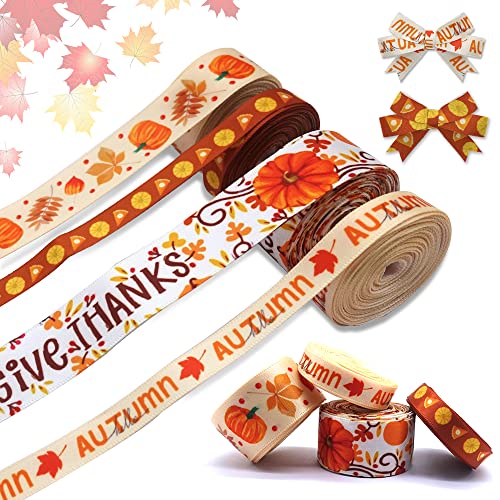 4 PCS Thanksgiving Fall Ribbons Pumpkin Leaves Printed Grosgrain Ribbons White Orange Ribbon Hello Autumn Craft Ribbons for Gift Wrapping Fall Thanksgiving Decor (60 Foot)