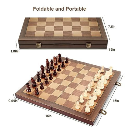 Magnetic Wooden Chess Set for Adults Kids 15'' Chess Board with Handmade Pieces