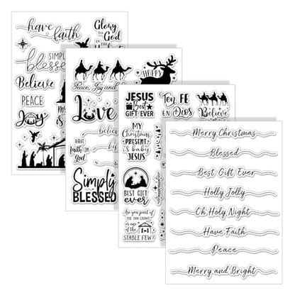 4 Sheets Christmas Clear Stamps Greeting Words Nativity Scene Silicone Transparent Stamps Holy Night Stamp for Xmas DIY Craft Card Making Scrapbooking Embossing Album Decor (4 Count)