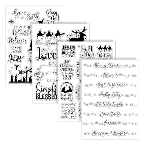 4 Sheets Christmas Clear Stamps Greeting Words Nativity Scene Silicone Transparent Stamps Holy Night Stamp for Xmas DIY Craft Card Making Scrapbooking Embossing Album Decor (4 Count)