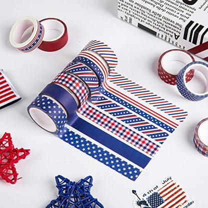12 Rolls 4th of July Washi Tape Patriotic Stars Stripes Washi Masking Tape Red Blue White Plaids Decorative Paper Stickers for Independence Day Scrapbook Gift Wrapping DIY Art Crafts (196.8 Foot)