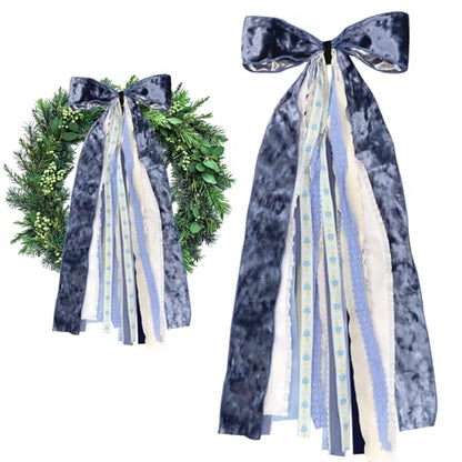 Large Blue Velvet Ribbon Bow for Wreath
