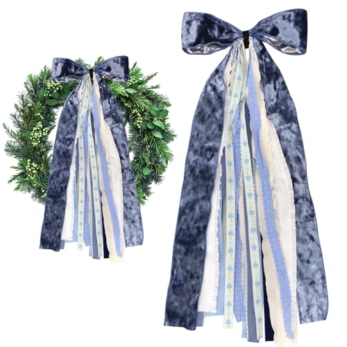 Large Blue Velvet Ribbon Bow for Wreath