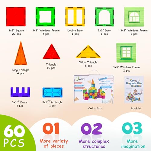 60 Pcs Magnet Tiles Magnetic 3D Building Blocks Set Educational Construction Toys for 3+ Year Kids with Stronger Magnets