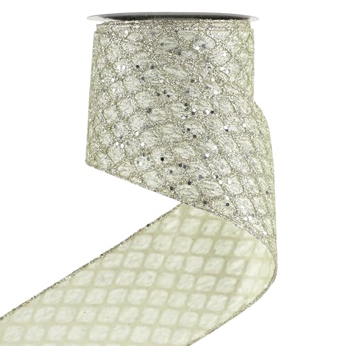 Champagne Glitter Wired Christmas Tree Ribbon 4 inch x 10 Yards (30 Foot)