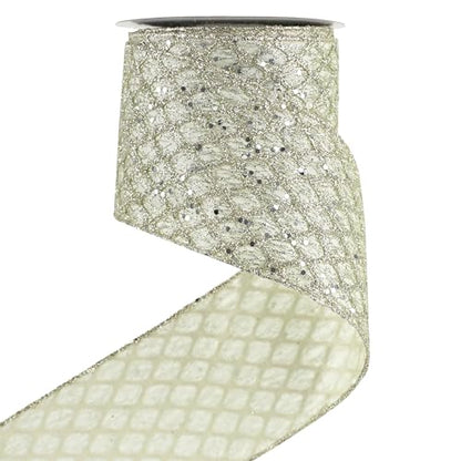 Champagne Glitter Wired Christmas Tree Ribbon 4 inch x 10 Yards (30 Foot)