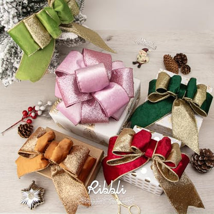 Red Velvet Wired Ribbon 2.5 Inch Red Velvet with Gold Glitter Christmas Ribbon for Christmas Tree Decoration Big Bow Gift Wrapping Crafts Wreaths Supplies (30 Foot)