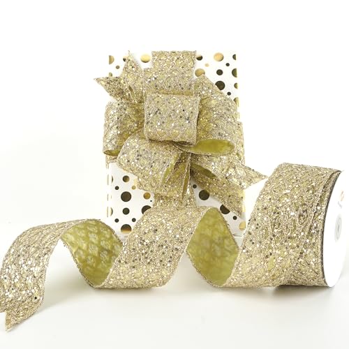 Glitter Champagne Wired Christmas Ribbon 2.5 inch x 10 Yards (30 Foot)