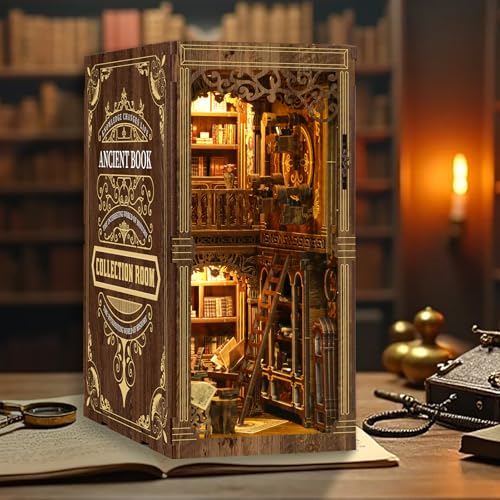 Book Nook Kit for Adult Miniature Model Build Dollhouse Kit 3D Wooden Puzzle with Sensor Led Light for Bookshelf Bookend Decor Adults Teen Craft