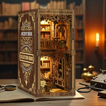 Book Nook Kit for Adult Miniature Model Build Dollhouse Kit 3D Wooden Puzzle with Sensor Led Light for Bookshelf Bookend Decor Adults Teen Craft