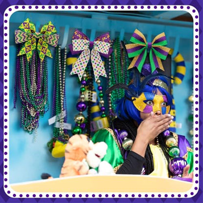 12 Rolls Mardi Gras Wired Edge Ribbon for Wreaths 2 Inch x 60 Yards Purple Green Yellow Stripe Print Grosgrain Ribbon for Mardi Gras Party Decorative Supplies (12 Count)