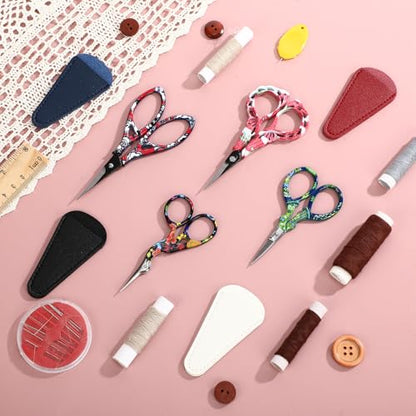 4 Pcs Sewing Embroidery Scissors with Artificial Leather Cover Sewing Stainless Vintage Embroidery Scissors for DIY Needlework Art Manual Handicraft (8 Count)