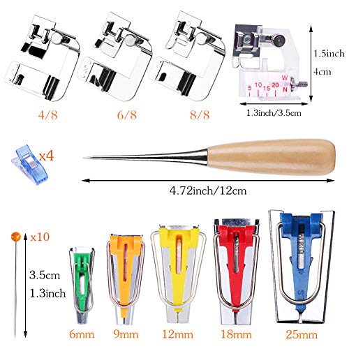 Bias Tape Maker Kit 5 Sizes with 4 Pcs Sewing Machine Presser Foot (5 Count)