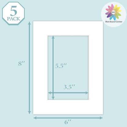 MBC Mat Board Center, 5 Pack 6x8 for 4x6 White Picture Mats Frame Mattes, Bevel Cut, Acid Free, 4-ply Thickness