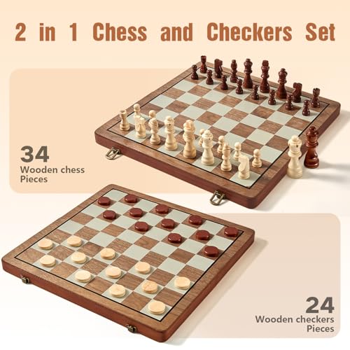2 in 1 Magnetic Wooden Chess & Checkers Set