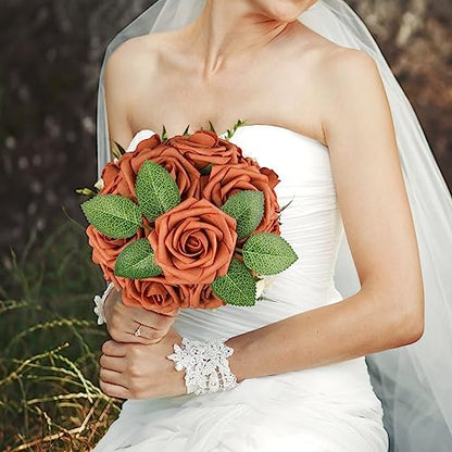 Burnt Orange Rose 25pcs Real Looking Artificial Flowers w (25 Count)