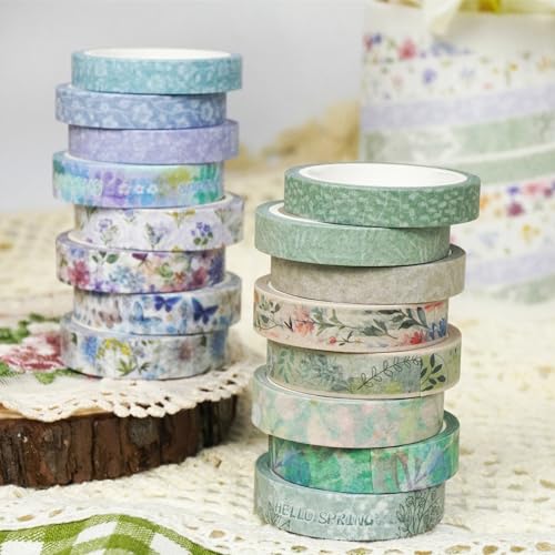 Spring Washi Tape Set 16 Rolls Flowers Printed Embellishment Green Decorative Masking Tapes for Arts (16 Count)