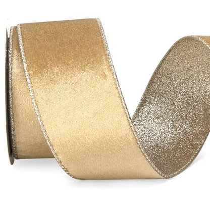 Champagne Gold Velvet Wired Ribbon 2.5 Inch Khaki Velvet with Champagne Glitter Christmas Ribbon for Christmas Tree Decoration Big Bow Gift Wrapping Crafts Wreaths Supplies (30 Foot)