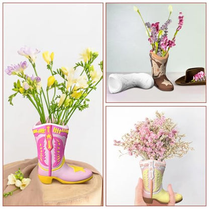 6 Set Cowboy Boot Vase Ceramics to Paint Ready to Paint Your Own Ceramic Cowgirl Hat Vase DIY Unpainted Plaster Paintable Kit Crafts with Brush Palette for Adults (6 Count)