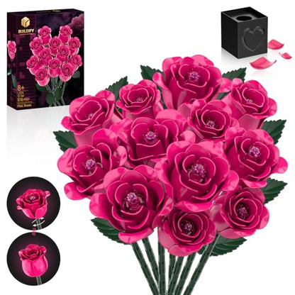 12 Pink Roses Bouquet Building Set with Heart (12 Count)