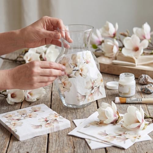 60 Pcs White Magnolia Floral Cocktail Paper Napkins 6.5 x 6.5 Inch (60 Count)