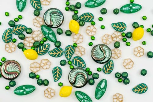 2.1oz (60g) of Focal Czech Glass Bead Mix with Lemon Shaped Beads, Seashel Beads and Leaf Beads, Emerald (2.1164 Ounce)