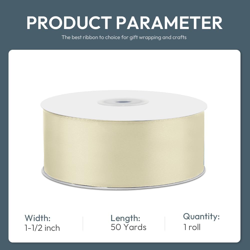 KMER LIFE 1-1/2" Wide x 50 Yards Ivory Single Faced Polyester Satin Ribbon for Wedding Decor, Wreath, Crafts, Gift Wrapping & Other Projects - Crafty Corner