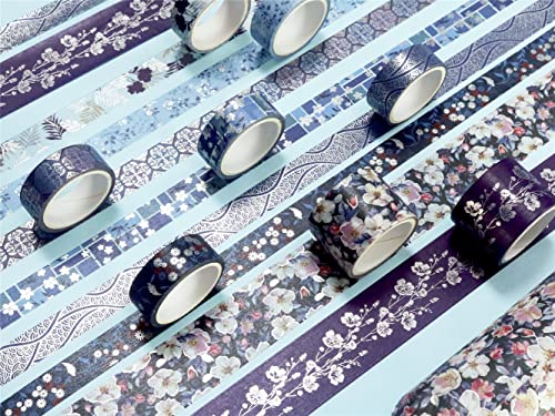 Elegance Blue Washi Tape Set 8 Rolls Wide Silver Embellishment Decorative Masking Tapes for Arts (8 Count)